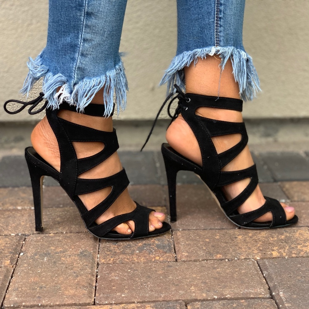 Black Strappy Caged Laced Up High Heel Sandal_5